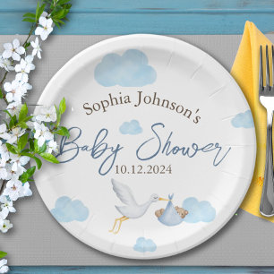 Bear Baby Shower, Stork Delivery, Baby Boy Paper Plate