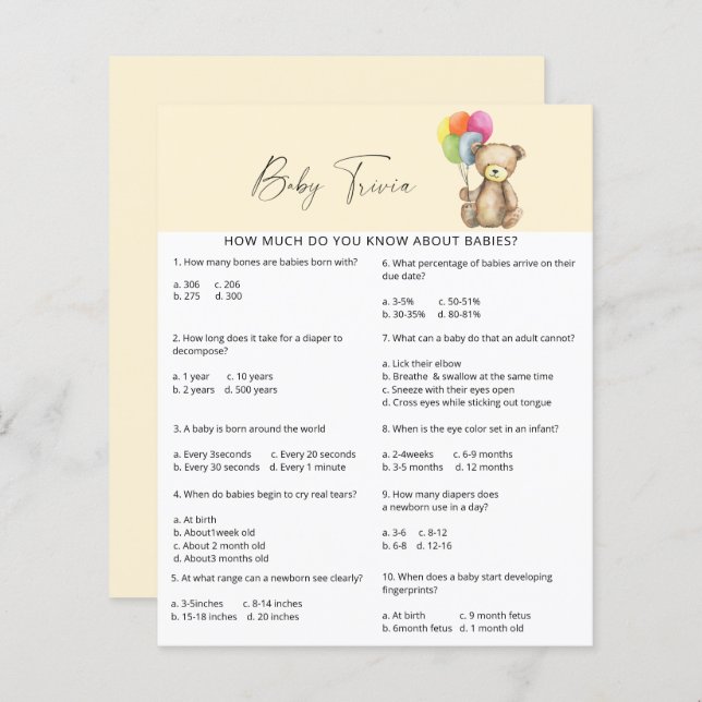 Bear - Baby Trivia | Baby Shower Game (Front/Back)