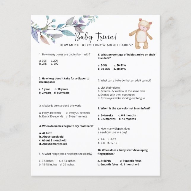 Bear Baby Trivia | Baby Shower Game (Front)