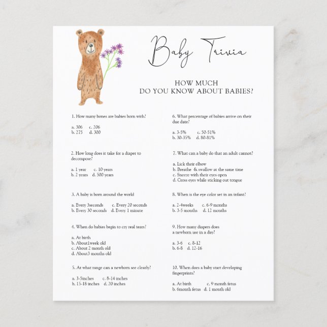 Bear Baby Trivia | Baby Shower Game (Front)