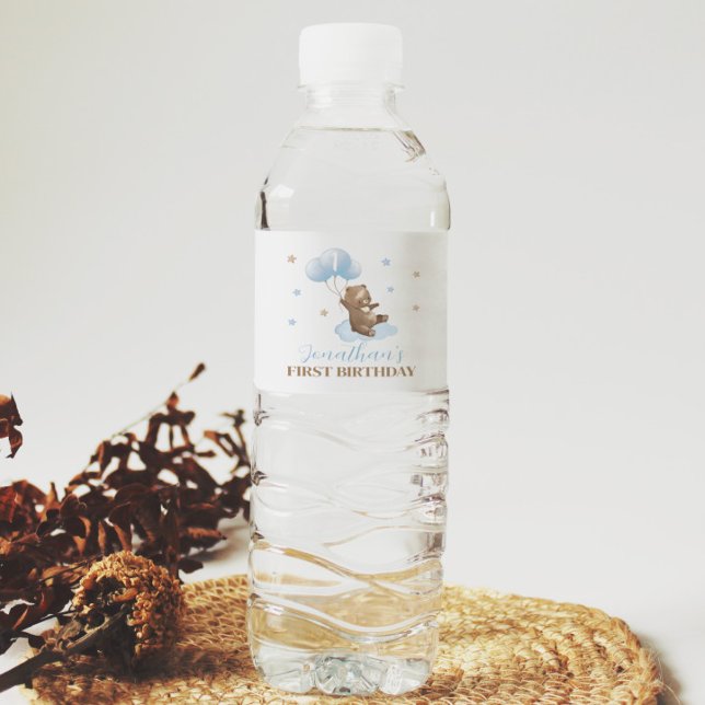Bear Balloon 1st Birthday Water Bottle Label (Creator Uploaded)