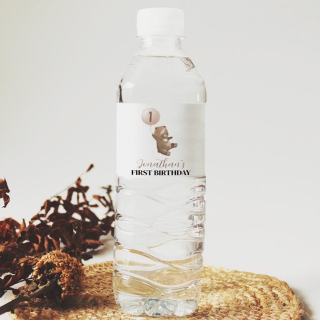 Bear Balloon 1st Birthday Water Bottle Label (Creator Uploaded)