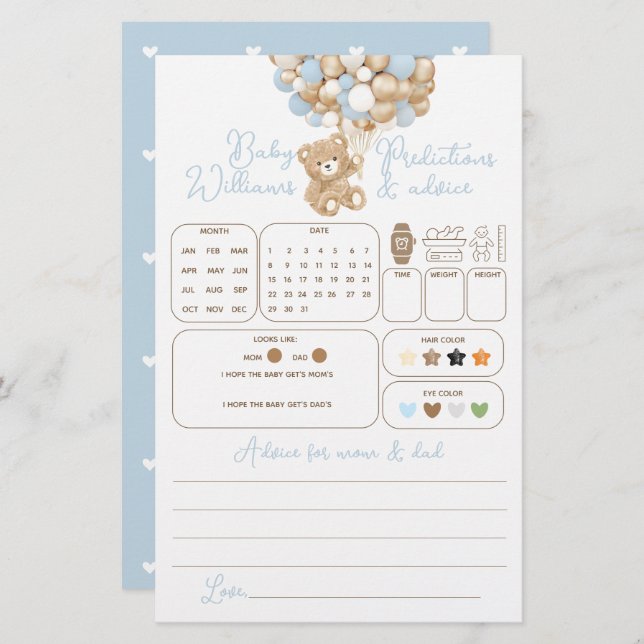 Bear Balloon Baby Shower Predictions & Advice Game (Front/Back)