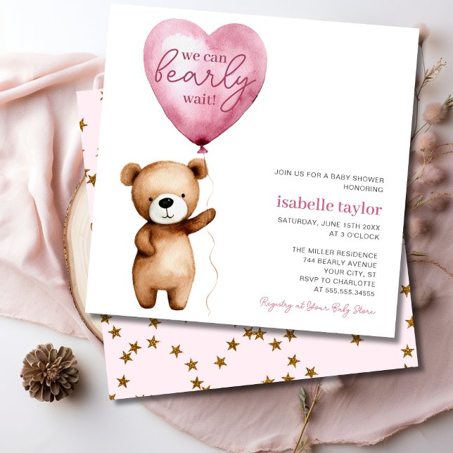Bear Balloon Bearly Wait Baby Girl Shower Invitation (Bear Balloon Bearly Wait Baby Girl Shower Invitation)