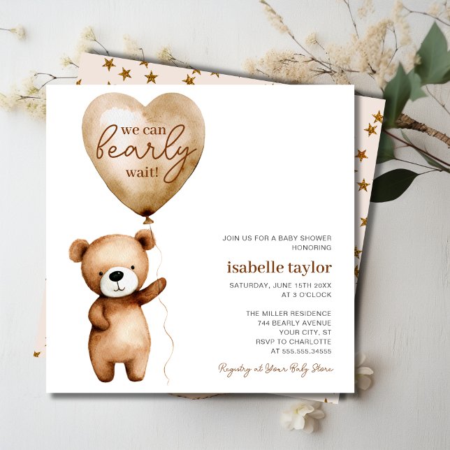 Bear Balloon Bearly Wait Baby Shower Invitation (Bear Balloon Bearly Wait Baby Shower Invitation)