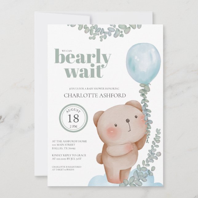 Bear Balloon Bearly Wait Blue Boy Baby Invitation (Front)