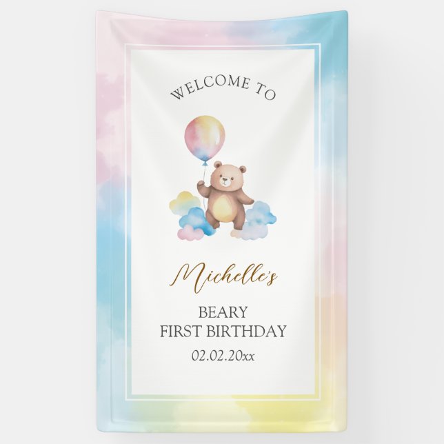 Bear Balloon Clouds Beary First Birthday Welcome Banner (Vertical)