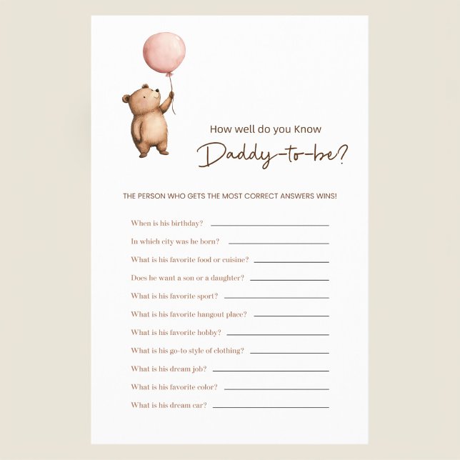 Bear Balloon Daddy Trivia Baby Shower Game Flyer (Creator Uploaded)