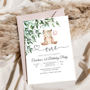 Bear Balloon First Birthday Invitation
