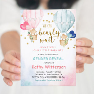 Bear Balloon Gender Reveal Baby Shower Invitation