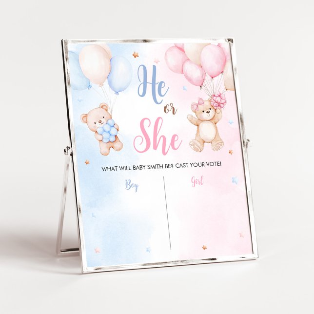 Bear Balloon Gender Reveal Sign (Bear Balloon He or She Gender Reveal Voting Sign)