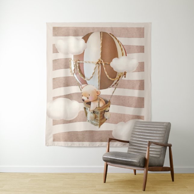 Bear Balloon Neutral Virtual Shower Backdrop Tapestry (In Situ)