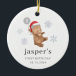 Bear Balloon Santa Hat Ceramic Tree Decoration<br><div class="desc">A sweet bear wearing a Santa hat and holding a grey balloon with a little '1' in it, perfect as a First Birthday Keepsake! You can change the number 1 in the balloon to any number, and edit all of the other text, or remove the number if you prefer. You...</div>