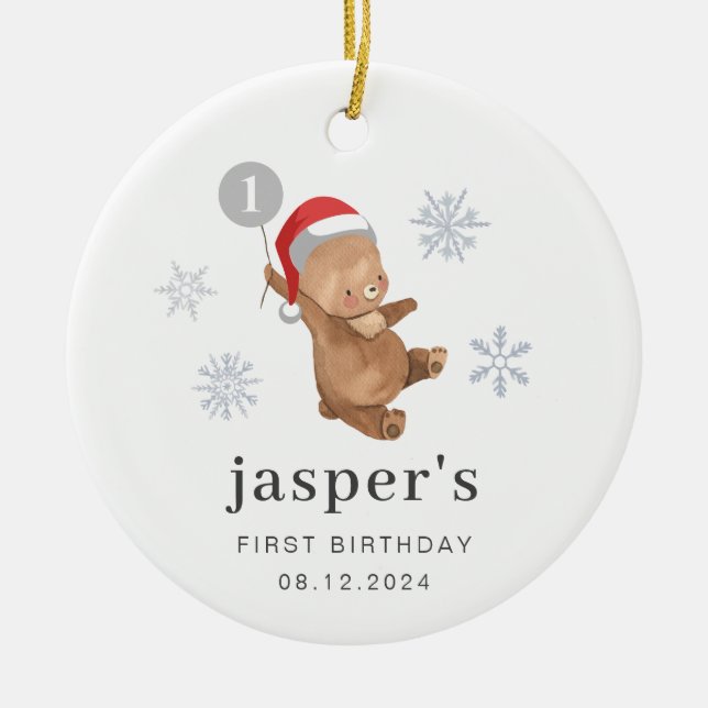 Bear Balloon Santa Hat Ceramic Tree Decoration (Front)
