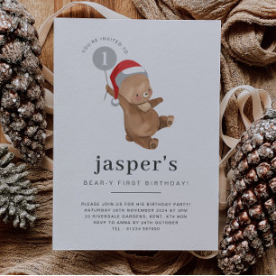 Bear Balloon Santa Hat First Birthday Invitation