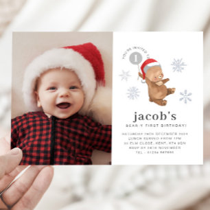 Bear Balloon Santa Hat First Birthday Photo Invitation