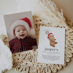 Bear Balloon Santa Hat First Birthday Photo Invitation