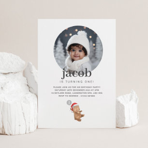 Bear Balloon Santa Hat - Photo Birthday Invitation