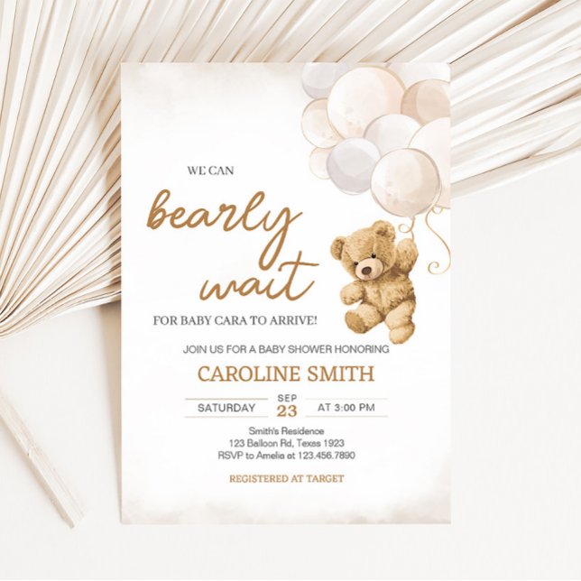 Bear Balloons Baby Shower Invitation (We Can Bearly Wait Teddy Bear Baby Shower Invitation)