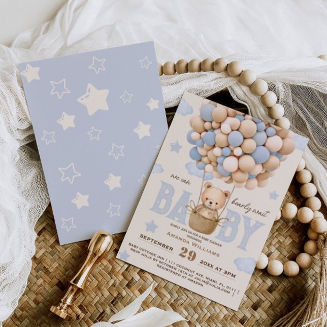 Bear Balloons Bearly Wait Baby Boy Shower  Invitation (Creator Uploaded)