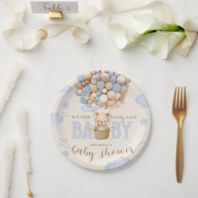 Bear Balloons Bearly Wait Baby Boy Shower  Paper Plate (Wedding)