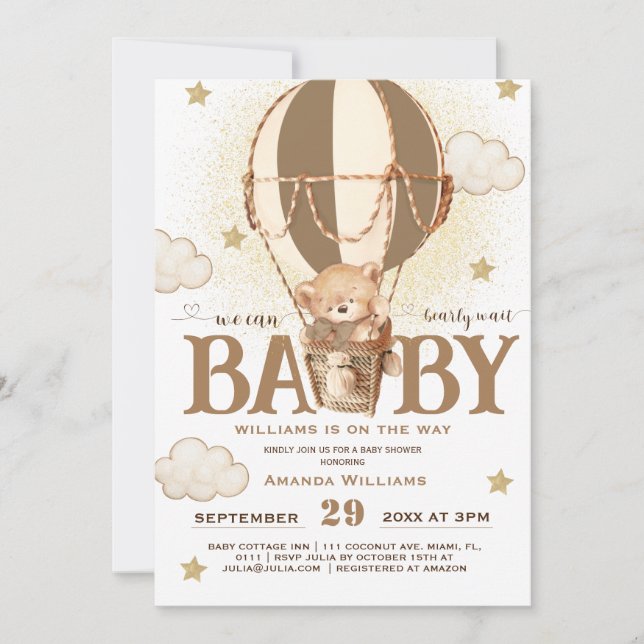 Bear Balloons Bearly Wait Baby Shower  Invitation (Front)