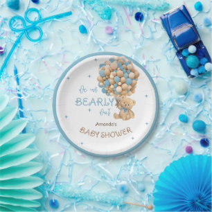 Bear Balloons Bearly Wait Blue Baby Boy Shower Paper Plate
