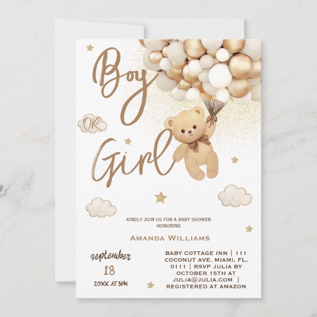 Bear Balloons Bearly Wait Gender Reveal Invitation (Front)