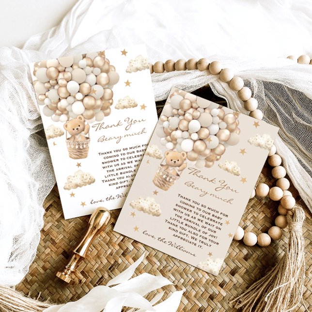 Bear Balloons Bearly Wait Gold Baby Shower Thank You Card (Creator Uploaded)