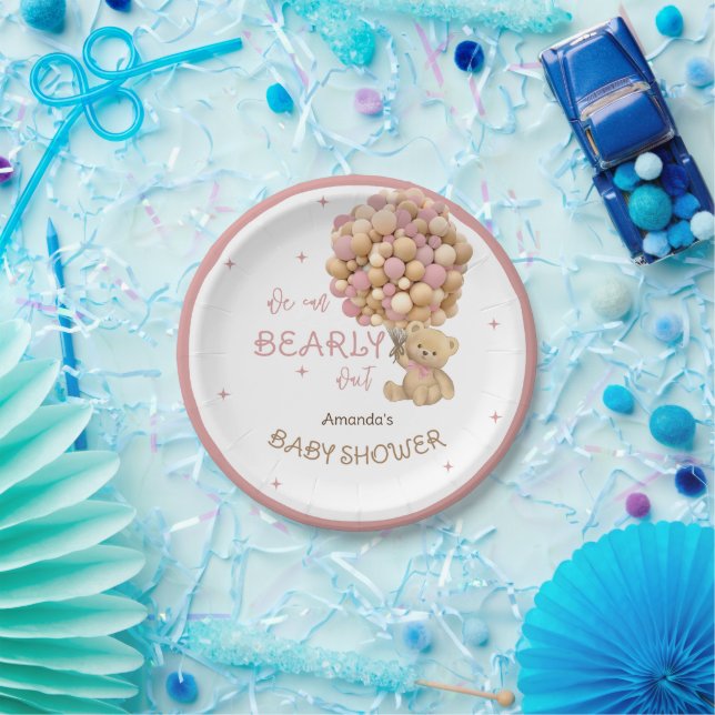 Bear Balloons Bearly Wait Pink Baby Girl Shower Paper Plate (Party)