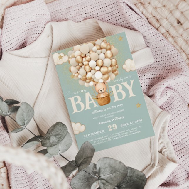 Bear Balloons Bearly Wait sage green  Baby Shower Invitation (Creator Uploaded)