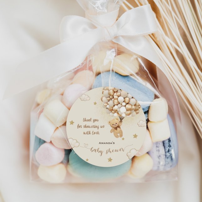 Bear Balloons Beige Gold Thank You Classic Round Sticker (Creator Uploaded)