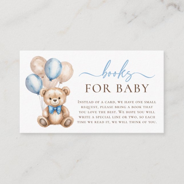 Bear Balloons Blue Baby Boy Shower Books For Baby Enclosure Card (Front)