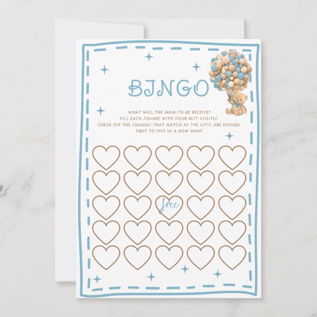 Bear Balloons Blue Modern Bingo Game Card (Front)