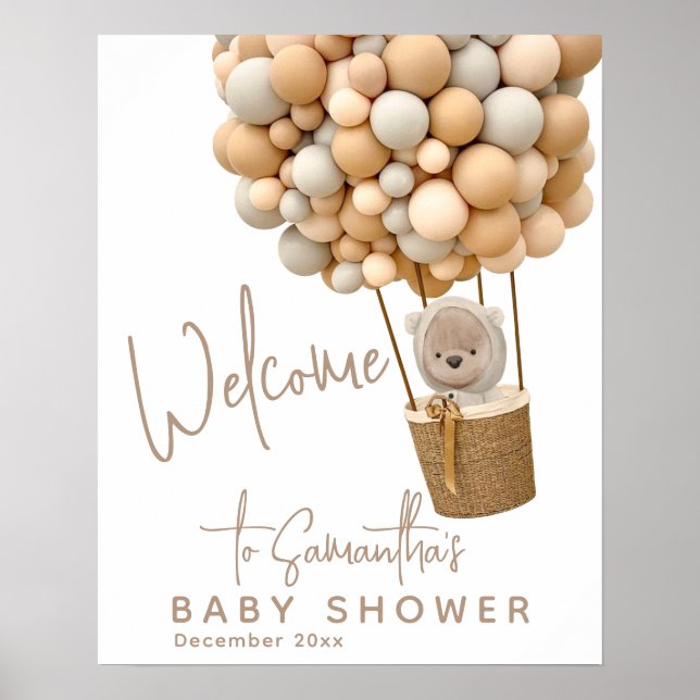 Bear Balloons Modern Gender neutral Baby Shower Poster (Front)