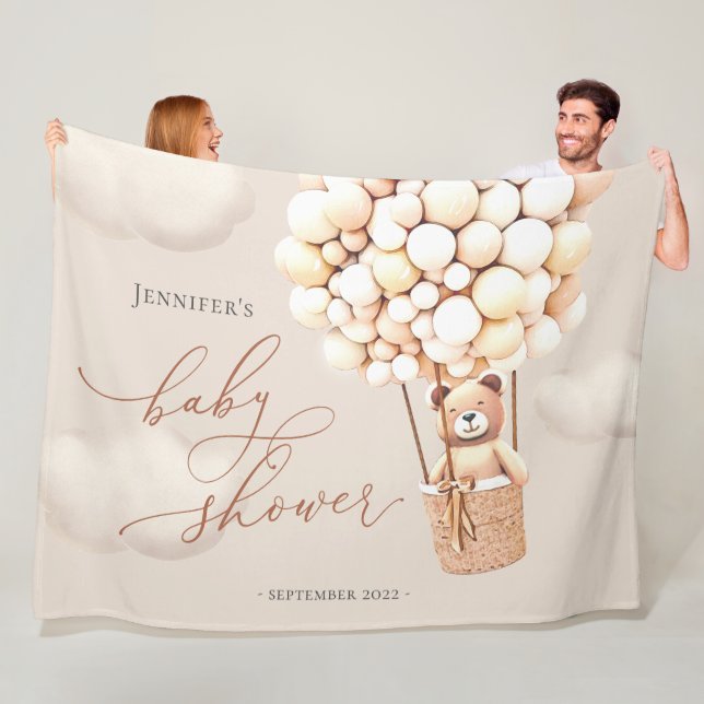 Bear Balloons Neutral Virtual Shower Backdrop Fleece Blanket (In Situ)