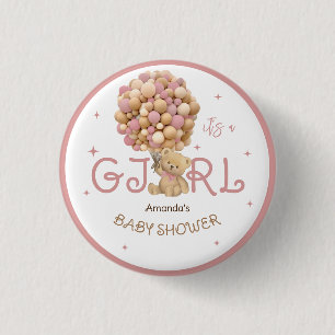 Bear Balloons Pink Baby Shower Favour 3 Cm Round Badge