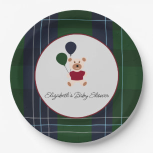 Bear & Balloons Plaid Baby Shower Paper Plate