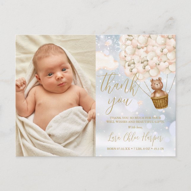 Bear Balloons Thank You Winter Baby Photo Birth Announcement Postcard (Front)