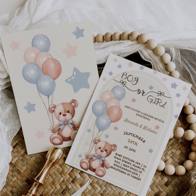 Bear Balloons Vintage Gender Reveal Invitation (Creator Uploaded)