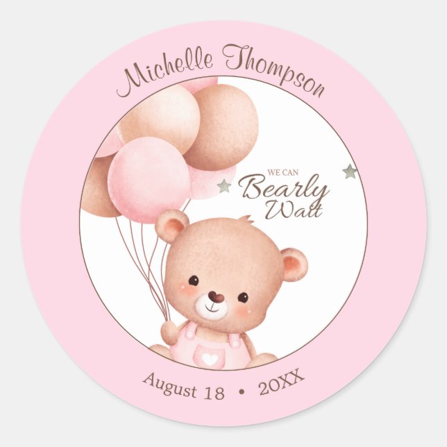 Bear Balloons Watercolor Pink  Classic Round Sticker (Front)
