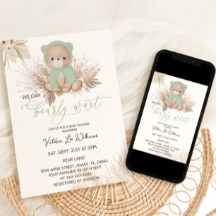 Bear Bearly Wait Green Pampas Baby Shower Invitation