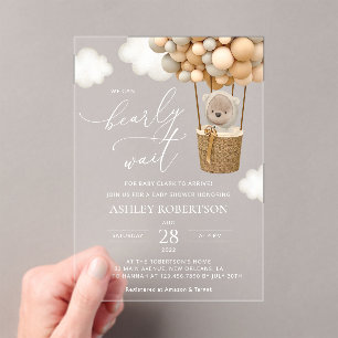 Bear, Beige Balloons, Hot Air Balloon, Baby Shower Acrylic Invitations