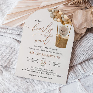 Bear, Beige Balloons, Hot Air Balloon, Baby Shower Invitation
