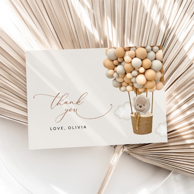 Bear, Beige Balloons, Hot Air Balloon, Baby Shower Thank You Card (Creator Uploaded)