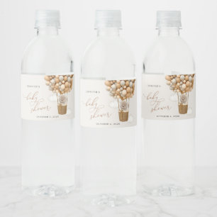 Bear, Beige Balloons, Hot Air Balloon, Baby Shower Water Bottle Label