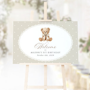 Bear, Beige Polka Dots, First Birthday Welcome Poster