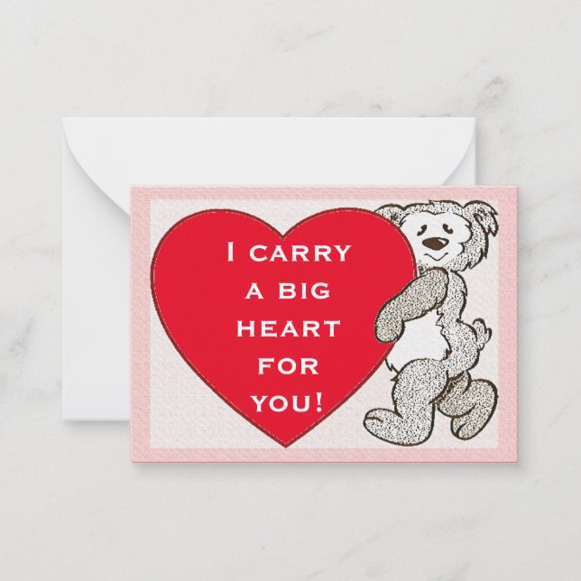 Bear Big Red Heart Pink Edge Valentine Kids Cards (Front)
