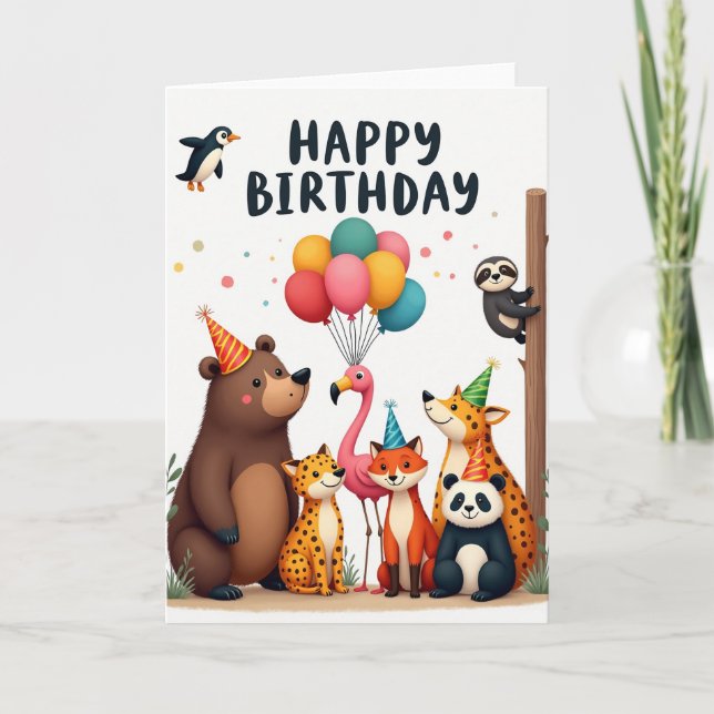 Bear Bird Balloon Birthday Card (Front)