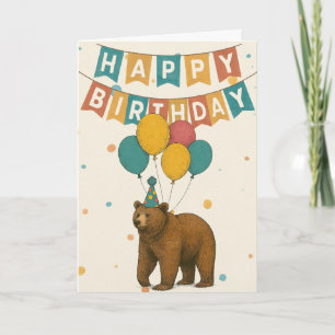 Bear Birthday Card – Cute Party Bear with Balloons